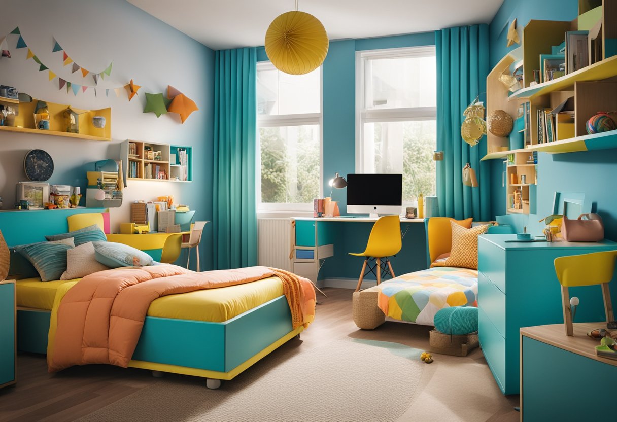 A colorful and vibrant kids' bedroom with versatile furniture, playful decor, and ample space for creative activities and growth