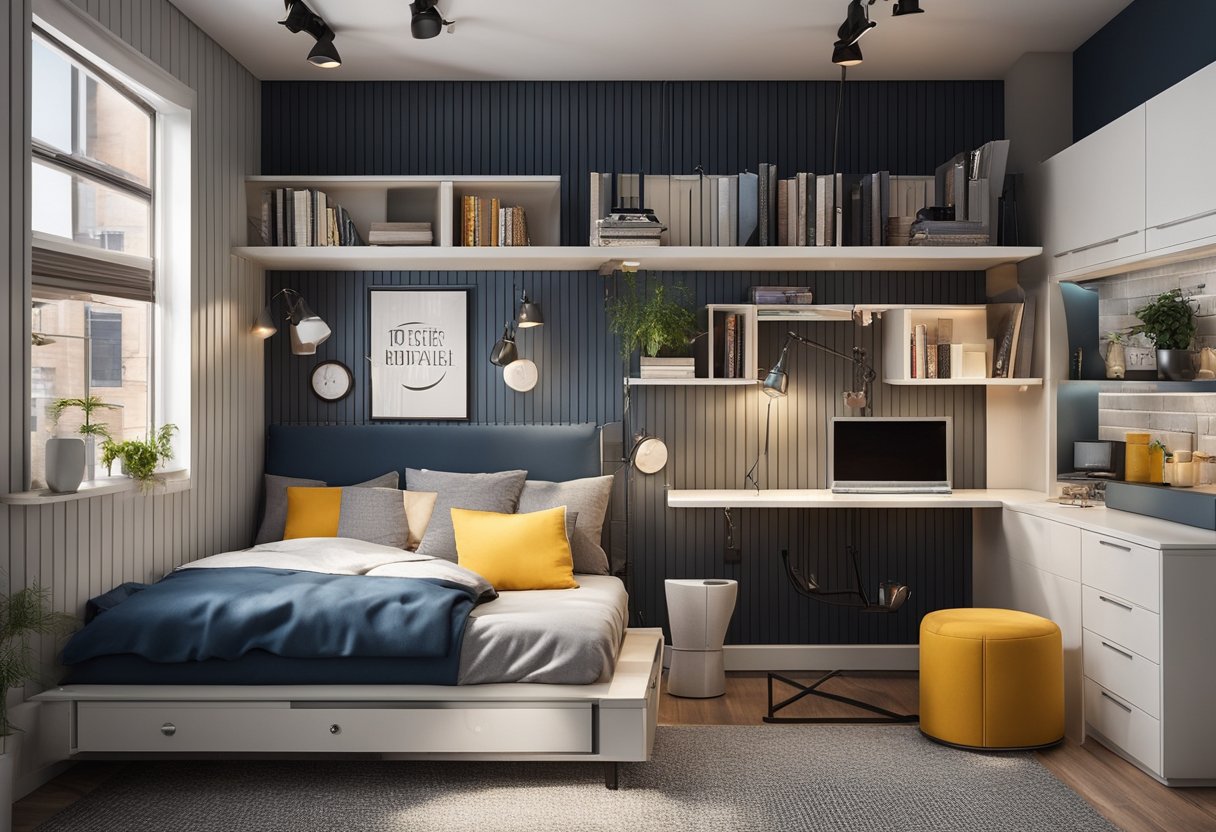A compact bedroom with a loft bed, built-in storage, and a cozy study nook. Industrial accents and bold colors reflect the teen's personality