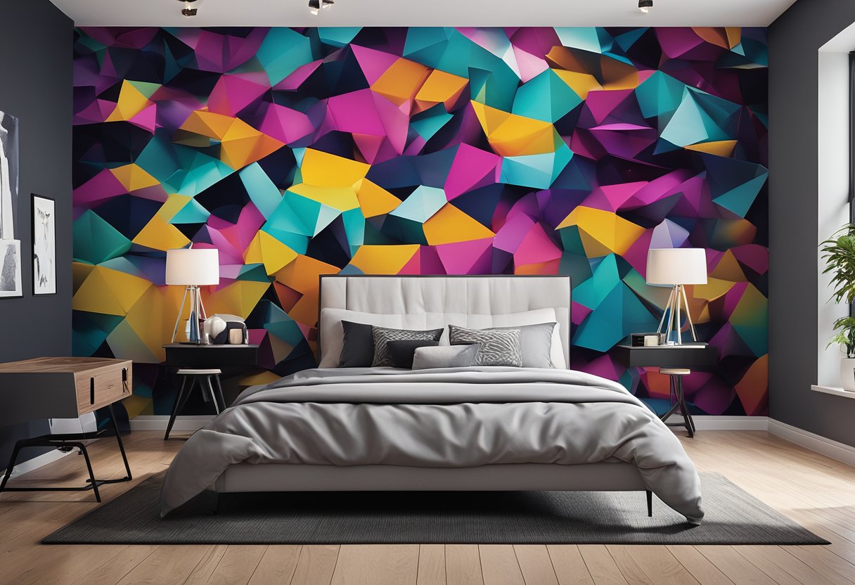 A modern, minimalist bedroom with sleek furniture, a bold color scheme, and tech-savvy gadgets. A wall mural or graffiti art adds a cool, edgy vibe
