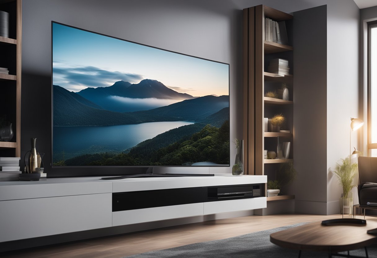 A sleek TV mounted on a minimalist wall with integrated shelves and hidden wiring, surrounded by ambient lighting