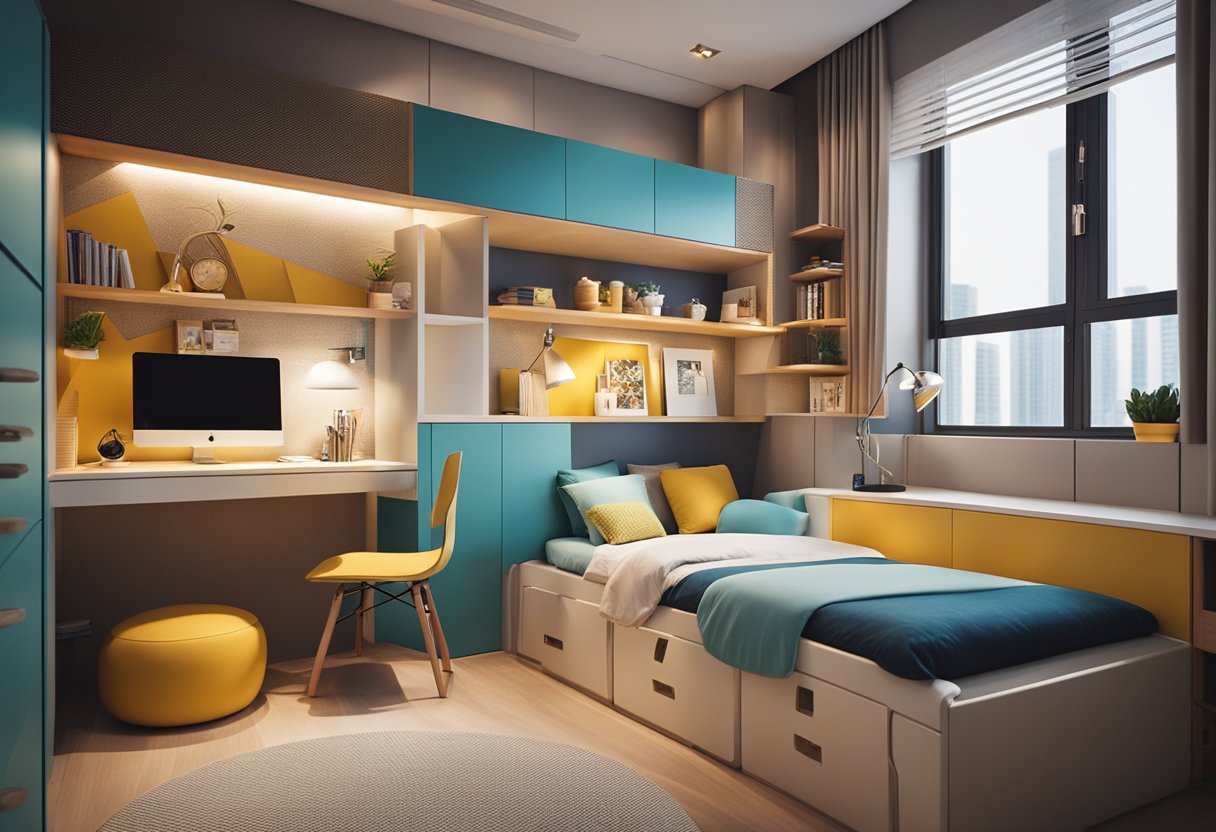 A cozy HDB bedroom with vibrant colors, bunk beds, and built-in storage. A study area with a desk and shelves. Soft lighting and playful decor