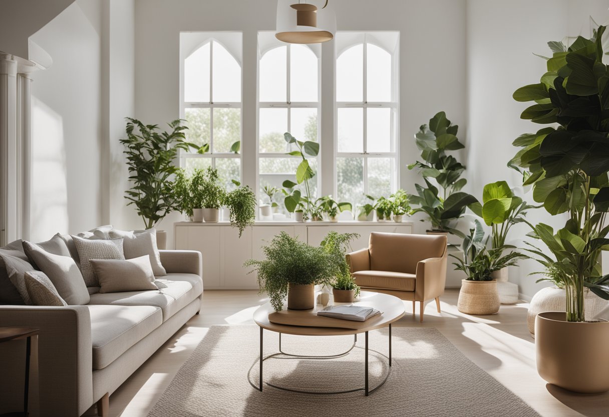 A well-lit living room with minimalist furniture and neutral colors. A large window lets in natural light, and potted plants add a touch of greenery