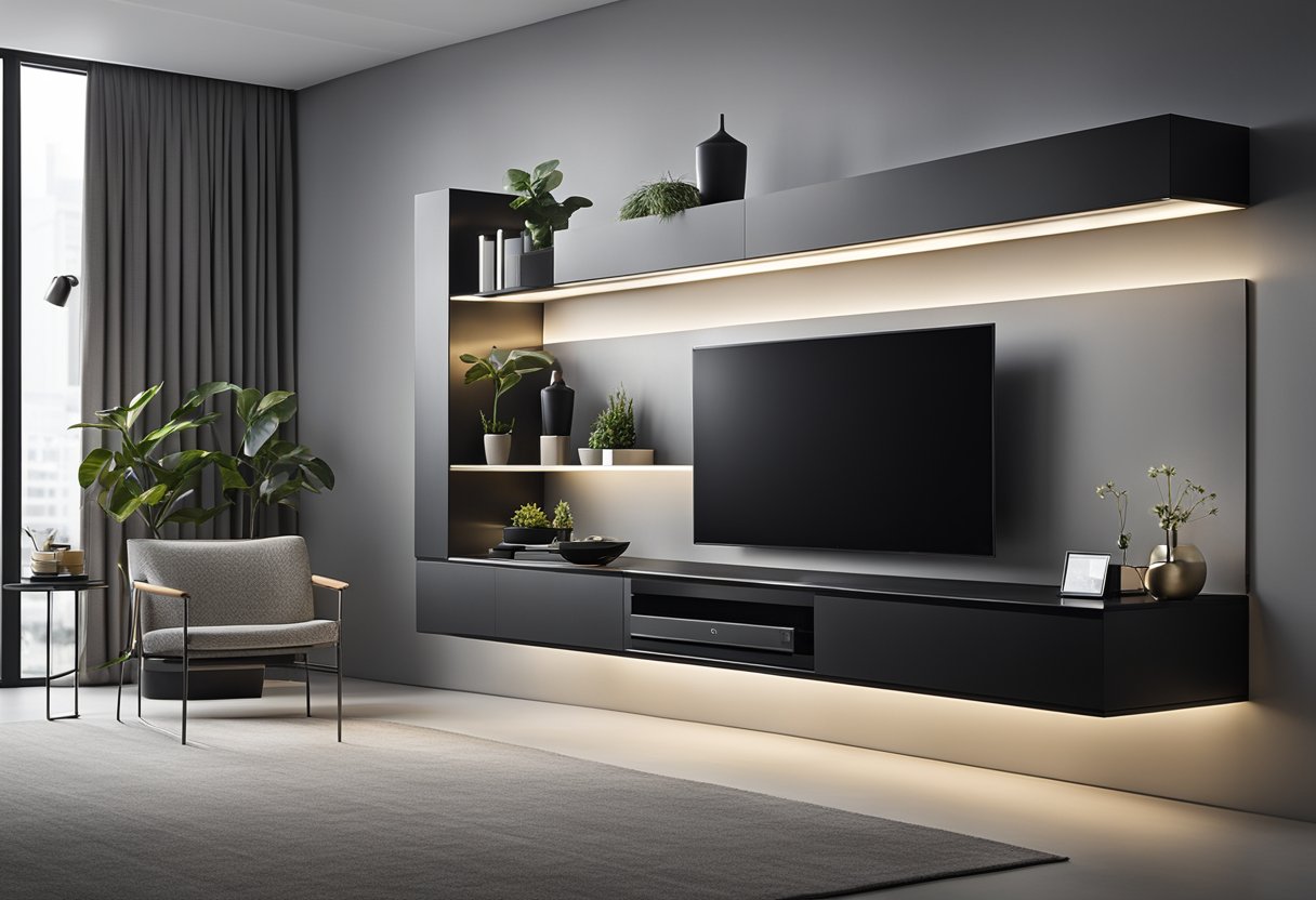 A sleek, minimalist TV wall with floating shelves, integrated lighting, and a bold accent color
