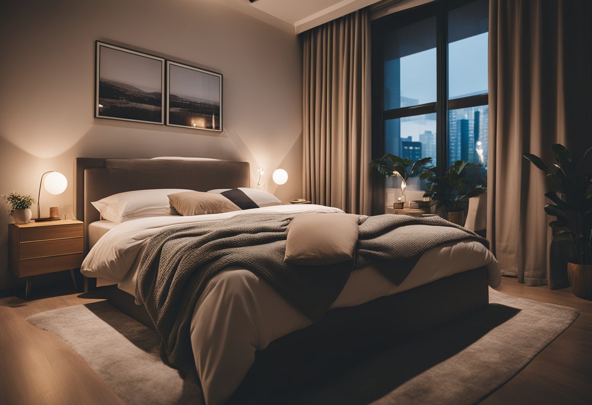 A cozy bedroom with a double bed, soft lighting, and simple decor