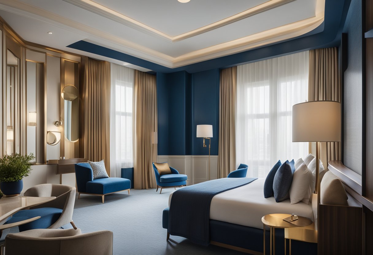 The hotel bedroom is spacious with a king-sized bed, plush pillows, and a cozy reading nook by the window. The color scheme is neutral with pops of blue and gold accents