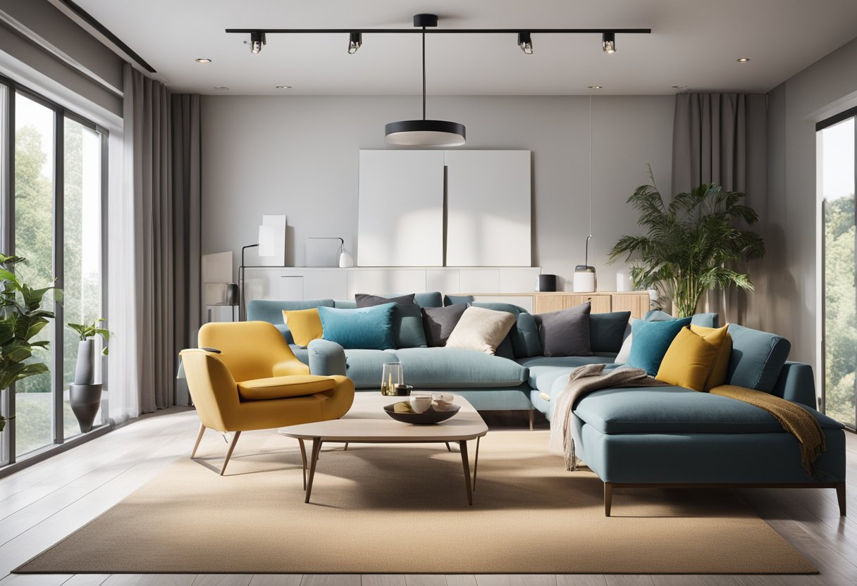 A spacious, well-lit living room with modern furniture and vibrant accent colors. Clean lines and open spaces create a sense of harmony and balance