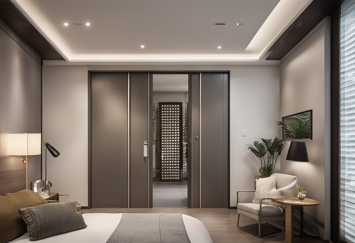 A modern bedroom door in Singapore, with sleek lines and a minimalist design, featuring a unique handle and a smooth, glossy finish