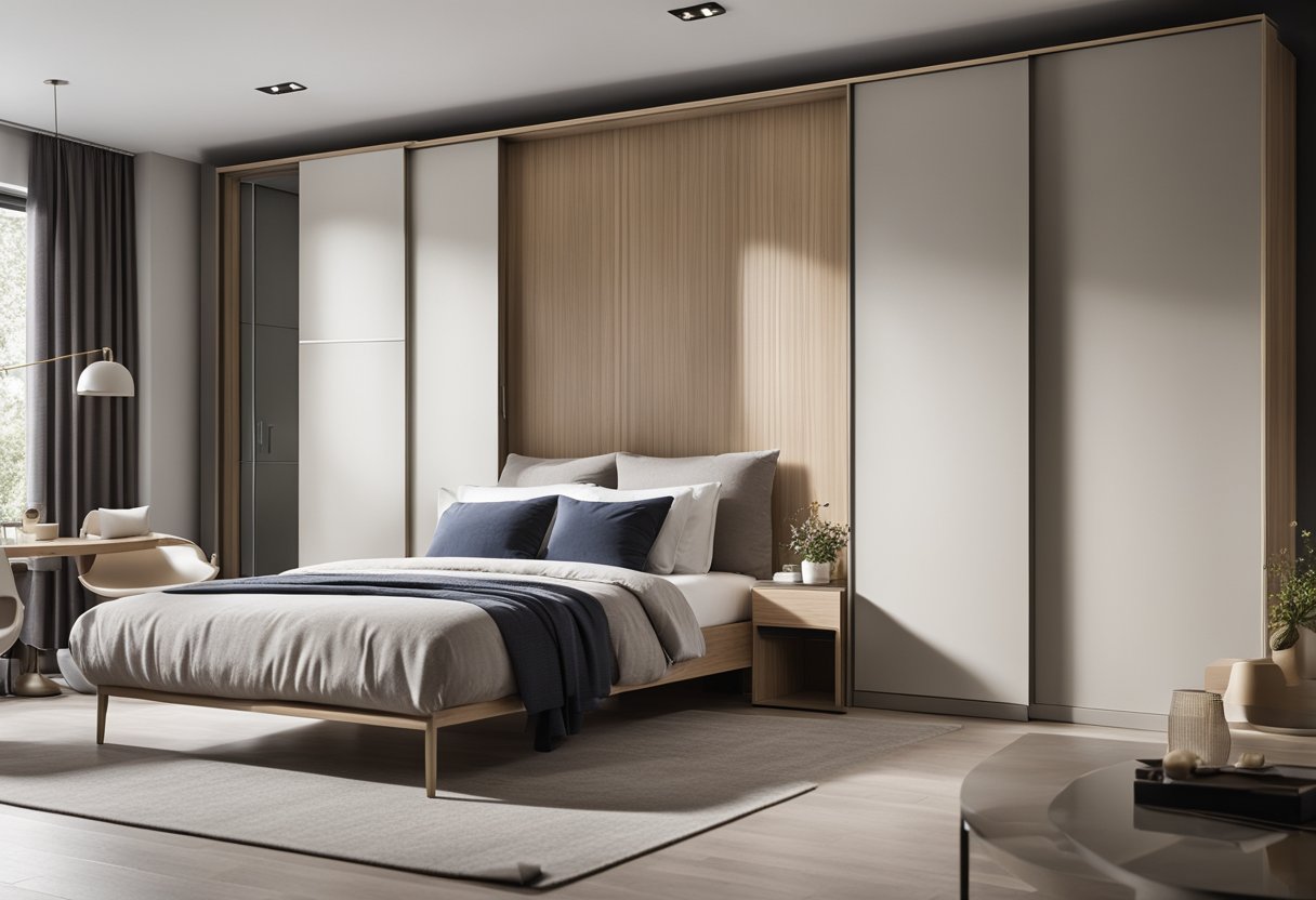 A modern bedroom with a sliding door cupboard, sleek and minimalist in design, with clean lines and neutral colors