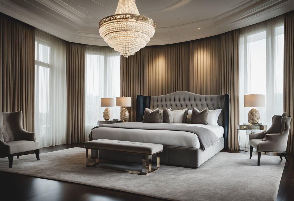 A king-sized bed with plush pillows and a velvet headboard sits against a backdrop of floor-to-ceiling windows with sheer curtains. A chandelier hangs from the high ceiling, casting a warm glow over the room's elegant furnishings