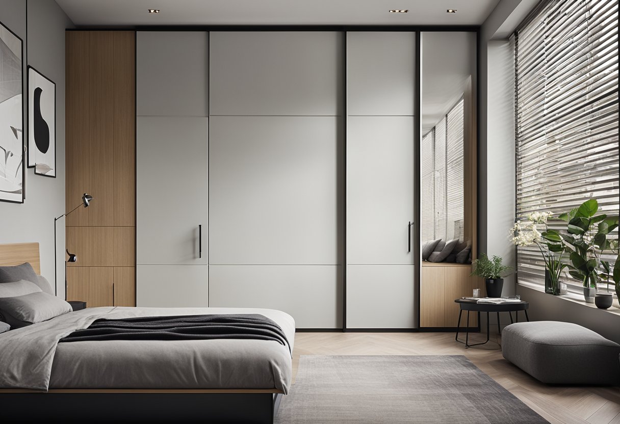A modern bedroom with a sleek sliding door cupboard design. Clean lines and minimalistic style, with a touch of innovation