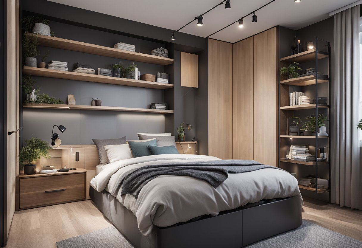 A small bedroom with a double bed against the wall, utilizing under-bed storage and wall-mounted shelves to maximize space