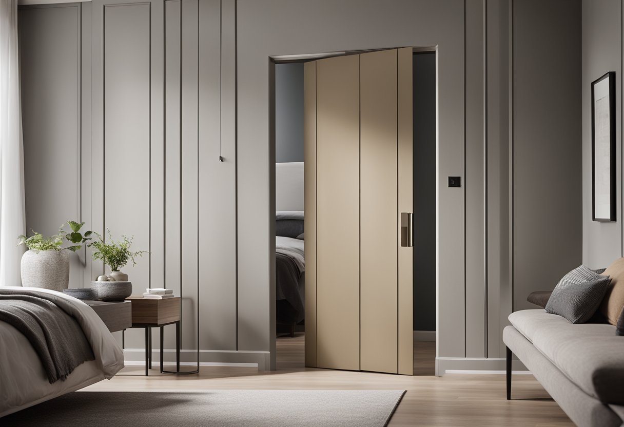 A sleek, modern bedroom door with clean lines and a minimalist handle, set against a backdrop of muted, neutral-toned walls and flooring