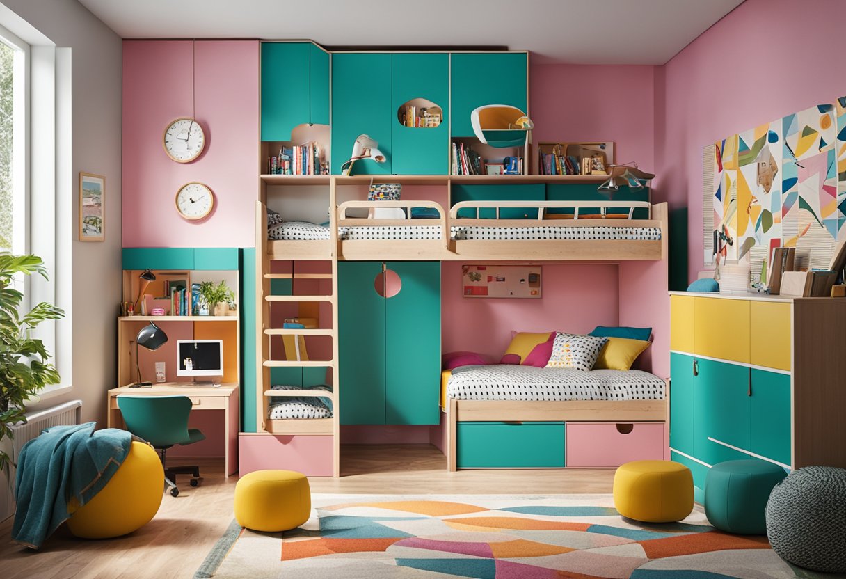 A colorful kids' bedroom with bunk beds, a study area, and storage solutions. Bright and playful decor with a mix of patterns and textures