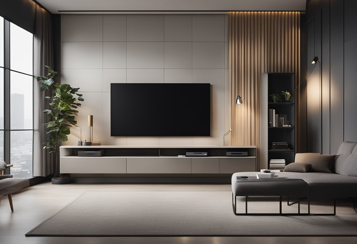 A sleek, minimalist TV wall with integrated storage and hidden wiring. Clean lines, neutral colors, and soft lighting create a modern, functional space