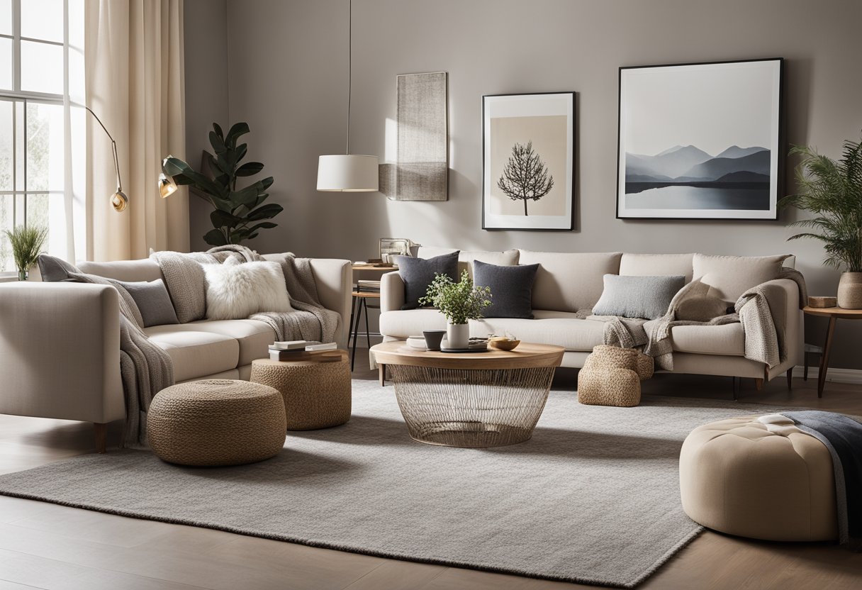 A cozy living room with a neutral color palette, comfortable furniture, and stylish decor. A large area rug anchors the space, and a mix of textures adds visual interest