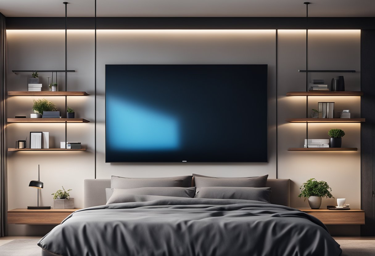 A sleek, minimalist TV wall design in a modern bedroom, with floating shelves, integrated lighting, and clean lines