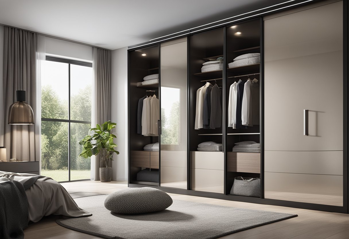 A modern bedroom with a sleek sliding wardrobe featuring trendy designs and finishes. The wardrobe doors are sliding open, revealing a neat and organized interior