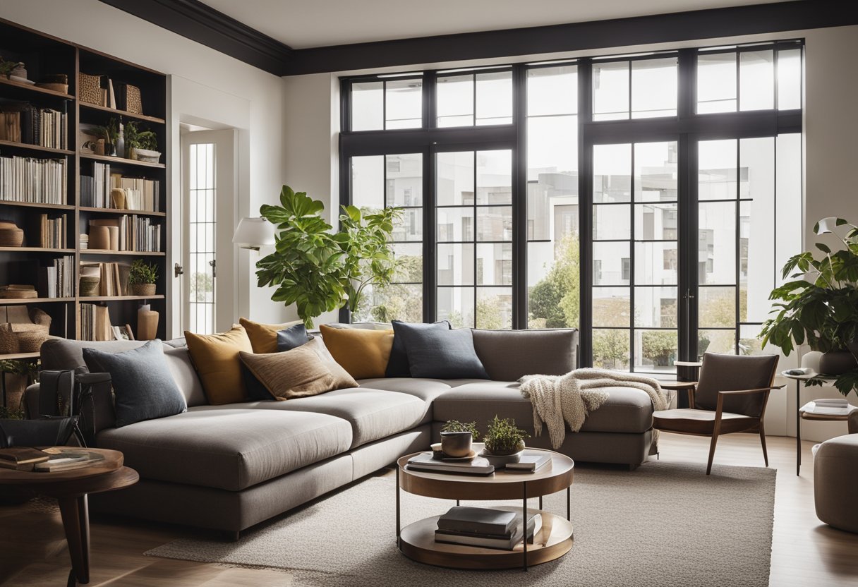 A cozy living room with a modern sofa, coffee table, and bookshelf. A large window allows natural light to fill the space, creating a warm and inviting atmosphere