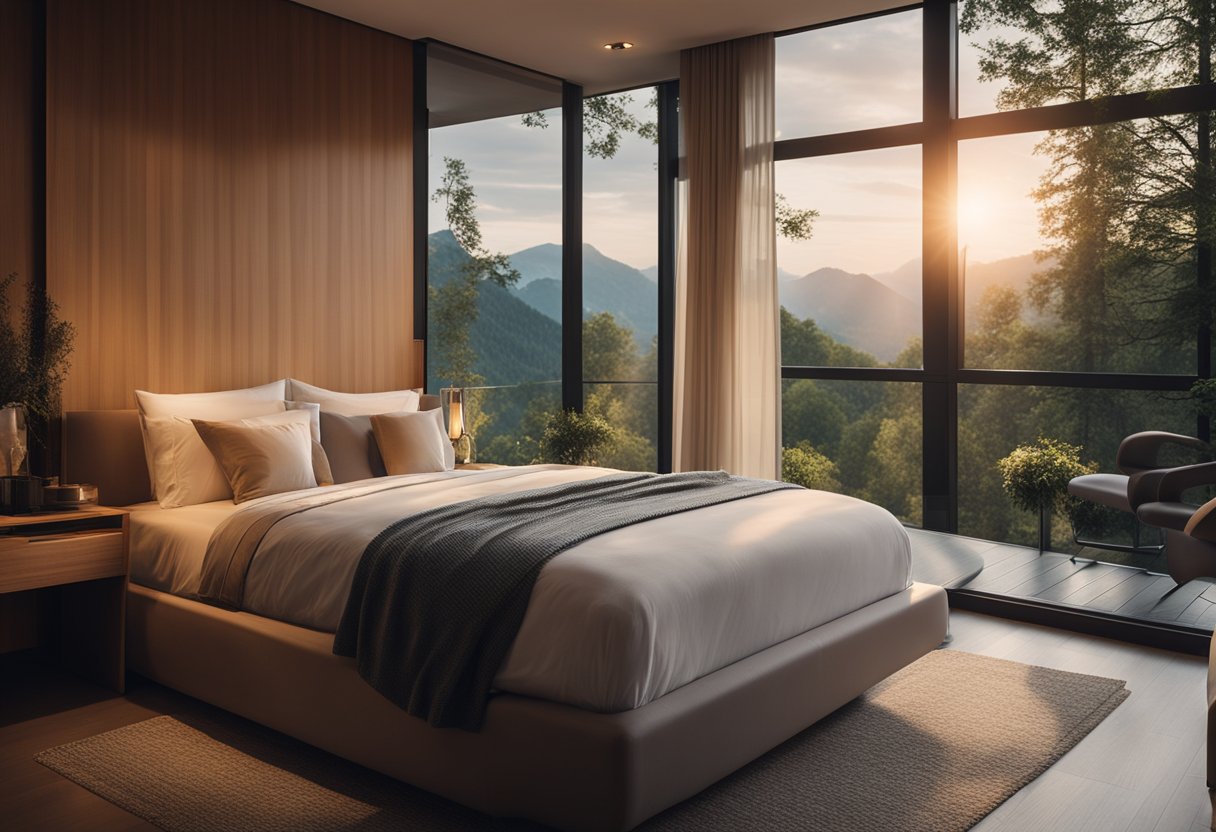 A cozy hotel bedroom with warm lighting, soft bedding, and a view of nature through large windows