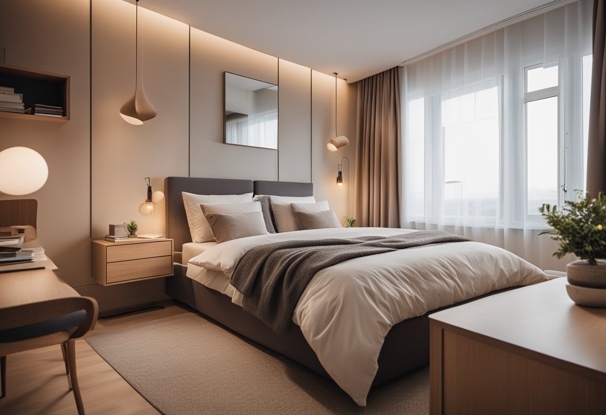 A cozy bedroom with a double bed, compact furniture, and efficient storage solutions. Warm lighting and neutral colors create a comfortable and inviting atmosphere