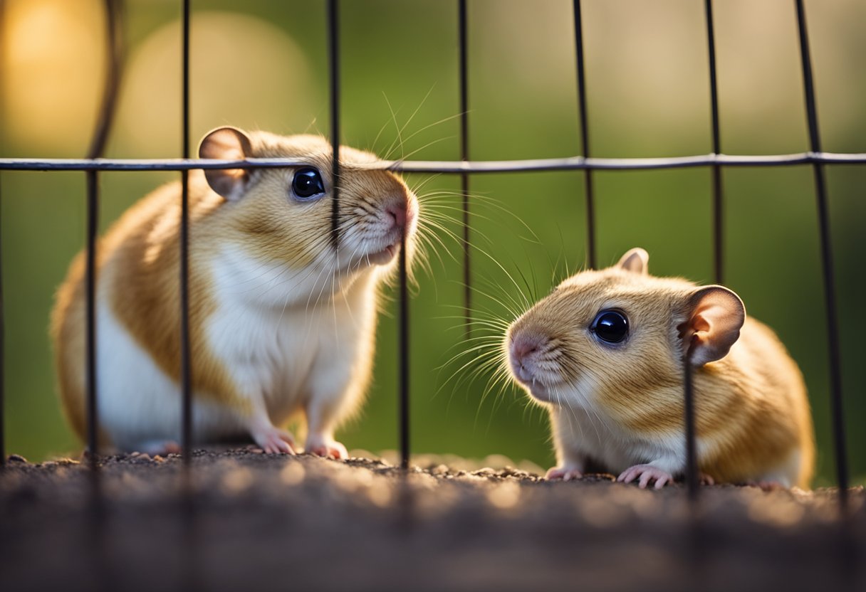 Two gerbils, one male and one female, interact in a cozy cage setting. The male gerbil appears more curious and outgoing, while the female gerbil seems more reserved and cautious