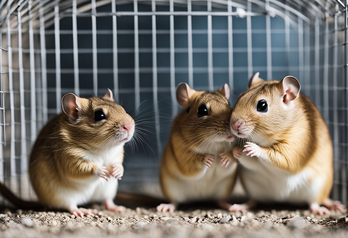 Male and female gerbils interact in a cage. The male gerbil approaches the female gerbil, sniffing and grooming her. The female gerbil responds by allowing the male to groom her, indicating friendliness