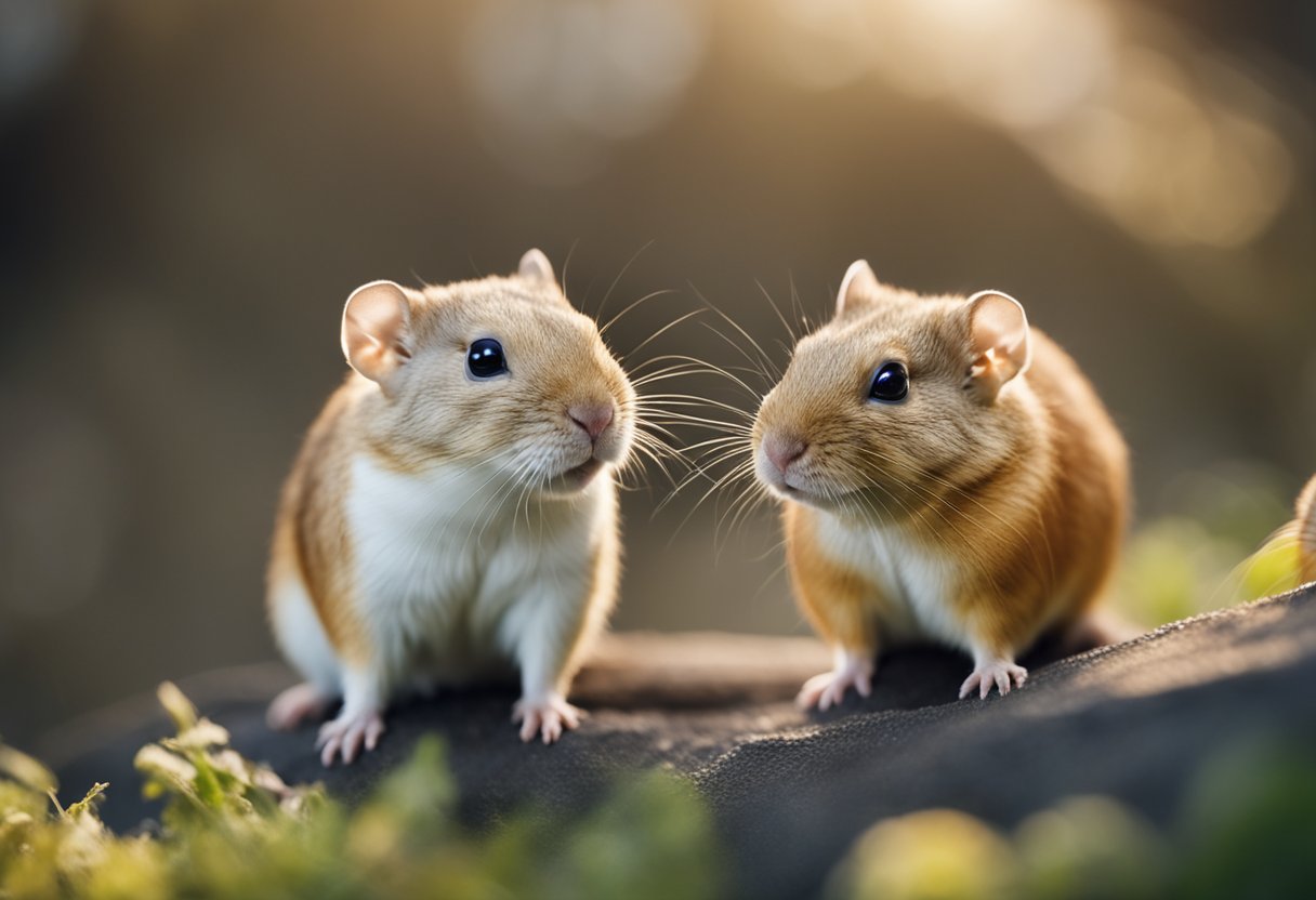 Two gerbils, one male and one female, are sitting side by side, both looking equally friendly and approachable
