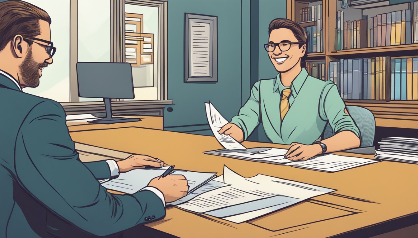 A smiling business owner confidently signs loan documents at a bank desk, while a friendly bank manager looks on approvingly