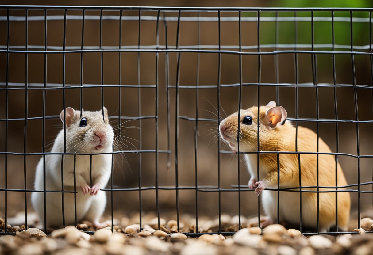 Two gerbils, one male and one female, are in a cage. The male gerbil is approaching the female gerbil in a friendly manner