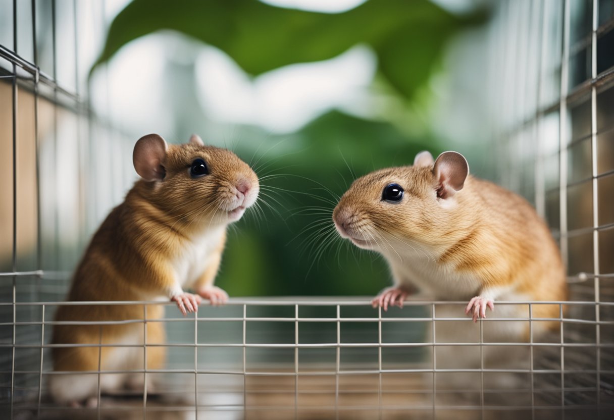 Two gerbils, one male and one female, in a cozy cage, playing and interacting with each other