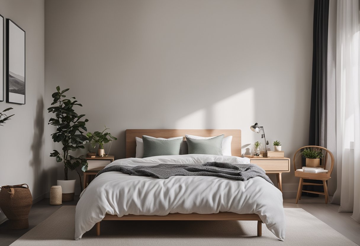 A cozy, minimalist bedroom with a single bed, small nightstand, and simple decor