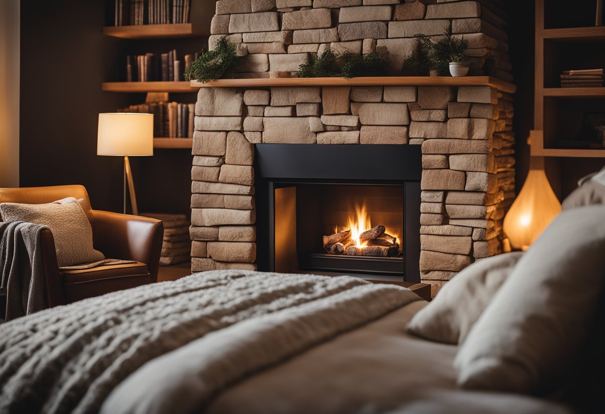 A warm, inviting bedroom with soft lighting, plush bedding, and a crackling fireplace. Books and a cozy armchair add to the comfortable atmosphere