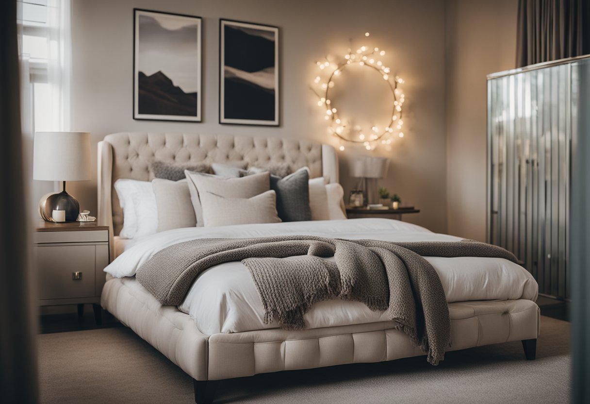 A plush bed with soft, neutral-toned bedding sits against a wall adorned with stylish artwork. A cozy armchair and side table create a relaxing reading nook, while warm lighting and plush rugs complete the inviting bedroom interior