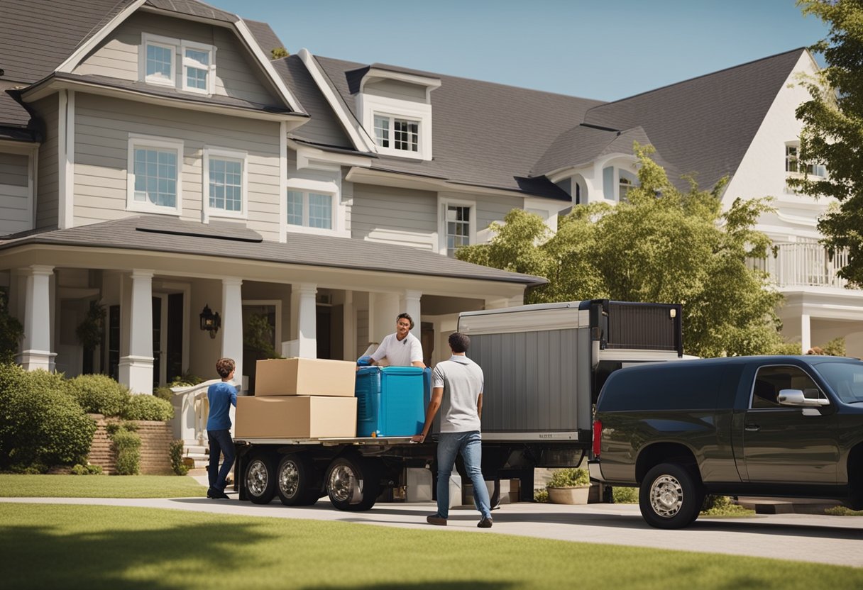 A moving truck parked outside a house, with movers carrying boxes and furniture into the truck. A happy family looks on as the movers efficiently handle the heavy lifting