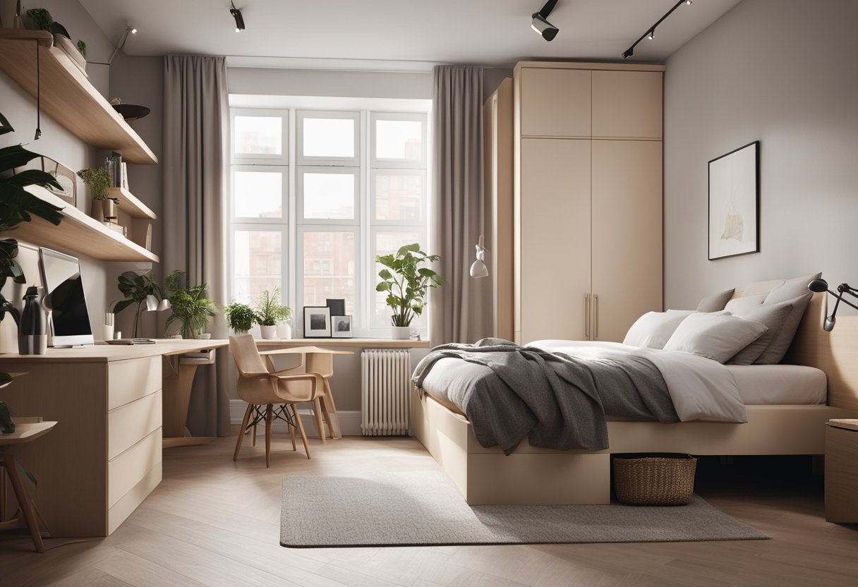 A small bedroom with minimal furniture, light colors, and large windows for natural light. A cozy bed with space-saving storage underneath