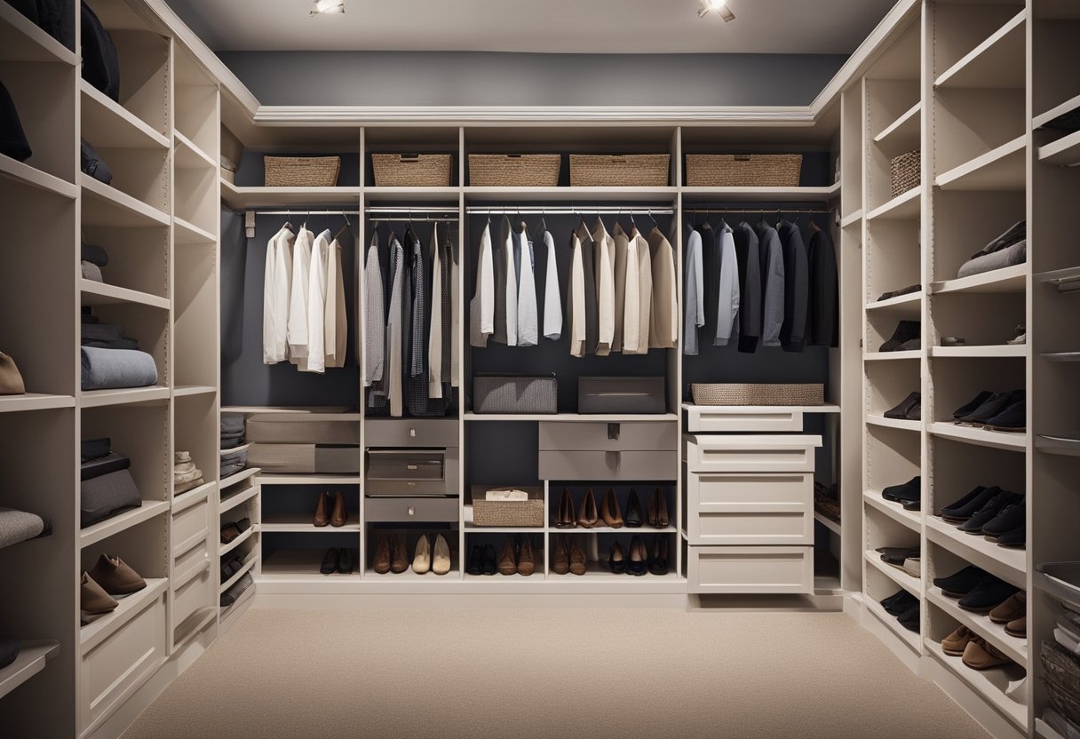 A small walk-in closet with built-in shelves, drawers, and hanging rods. Utilizing every inch of space for optimal organization and storage