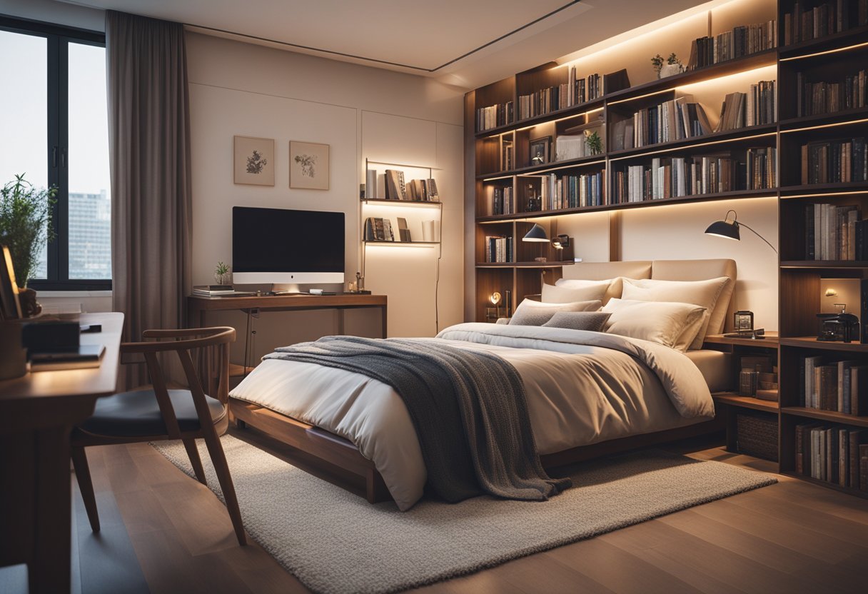 A cozy bedroom with warm lighting, soft bedding, and a plush rug. Bookshelves line the walls, and a small desk sits near the window