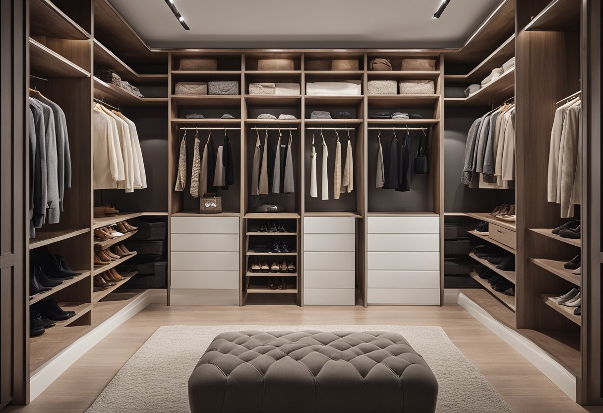 A small walk-in closet with custom shelving and hanging space, neatly organized with shoes, clothes, and accessories. A cozy and functional design for a master bedroom