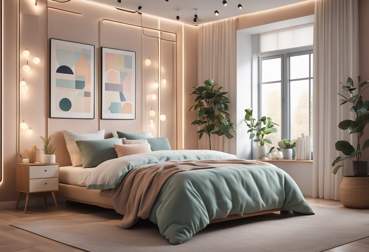 A cozy bedroom with a feature wall adorned with geometric patterns in soft pastel colors. A few framed artworks and a string of fairy lights add a touch of warmth and charm to the space