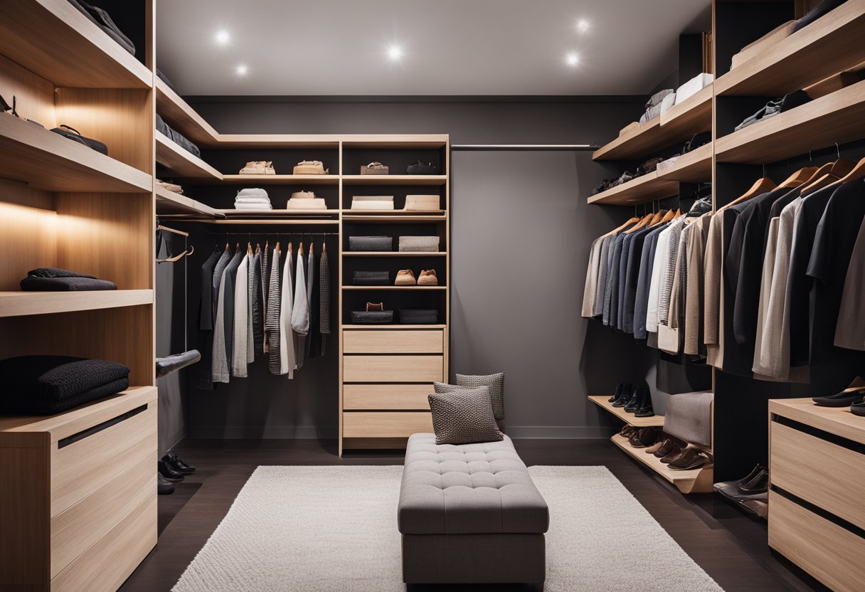 A small walk-in closet with shelves, drawers, and hanging rods. Neatly organized clothing and accessories. Cozy lighting and a mirror