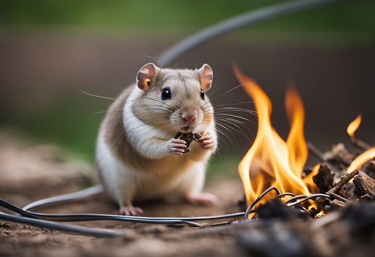 A gerbil chewing through a wire, causing a small fire in a cluttered room