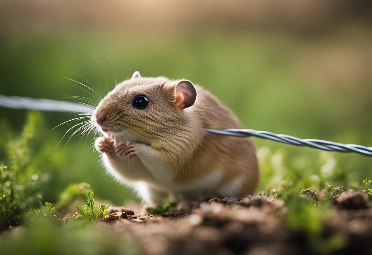A gerbil chewing on a wire, surrounded by potential hazards like small objects and toxic plants