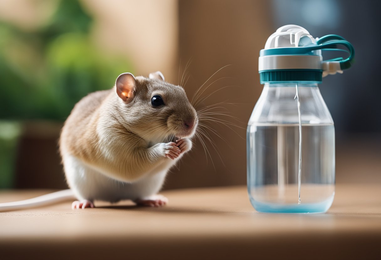 A gerbil chewing on electrical wires, knocking over a water bottle, and escaping from its cage