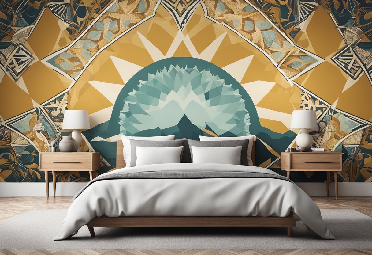 A cozy bedroom with a large, eye-catching focal point wall design featuring a bold mural or intricate wallpaper pattern