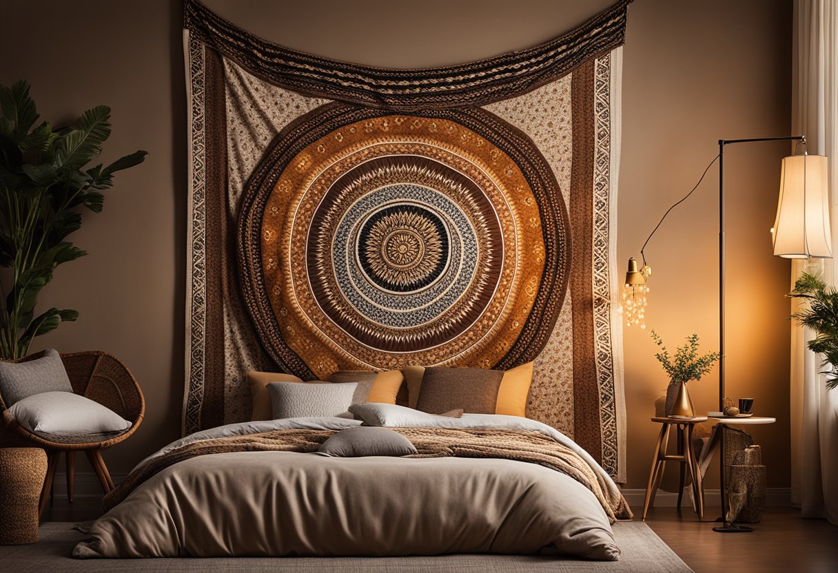 A cozy bedroom with warm, earthy tones. A large, intricately patterned tapestry hangs above the bed, creating a focal point. Soft, ambient lighting from string lights and bedside lamps adds a warm glow to the room