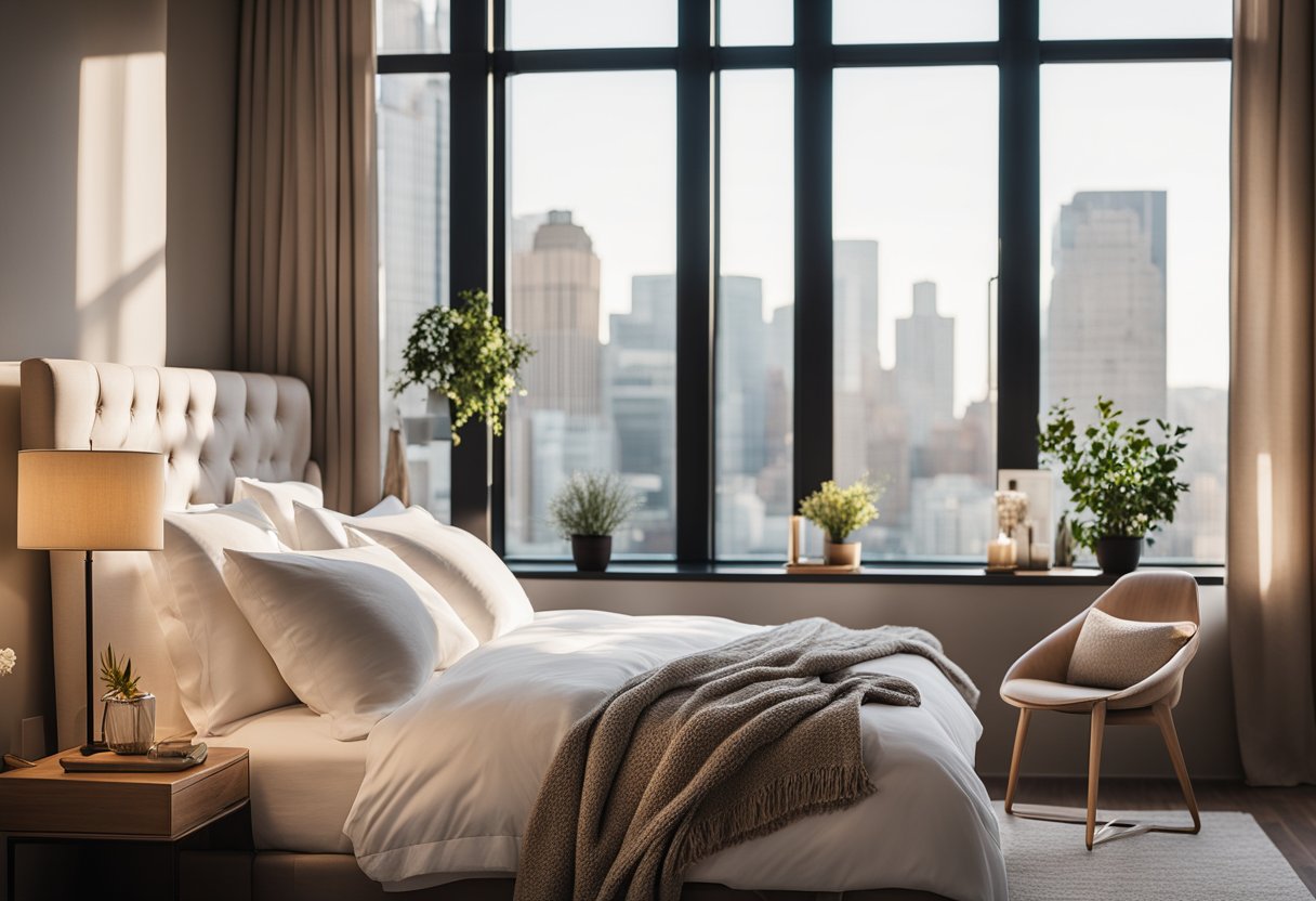 A cozy bedroom with warm, neutral tones. Large windows let in natural light, illuminating a simple, modern bed with plush pillows and a soft throw blanket. A sleek nightstand holds a stylish lamp and a few carefully chosen decor items