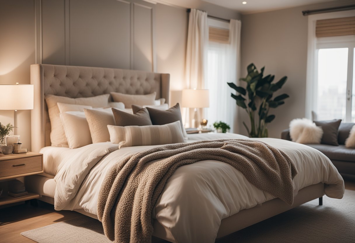 A cozy bedroom with soft, neutral tones, a plush bed with fluffy pillows, and warm lighting to create a calming and inviting sanctuary