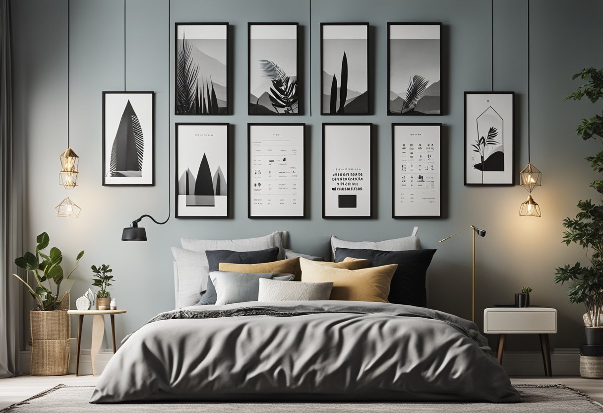 A bedroom wall adorned with various design elements, including framed artwork, decorative shelves, and string lights