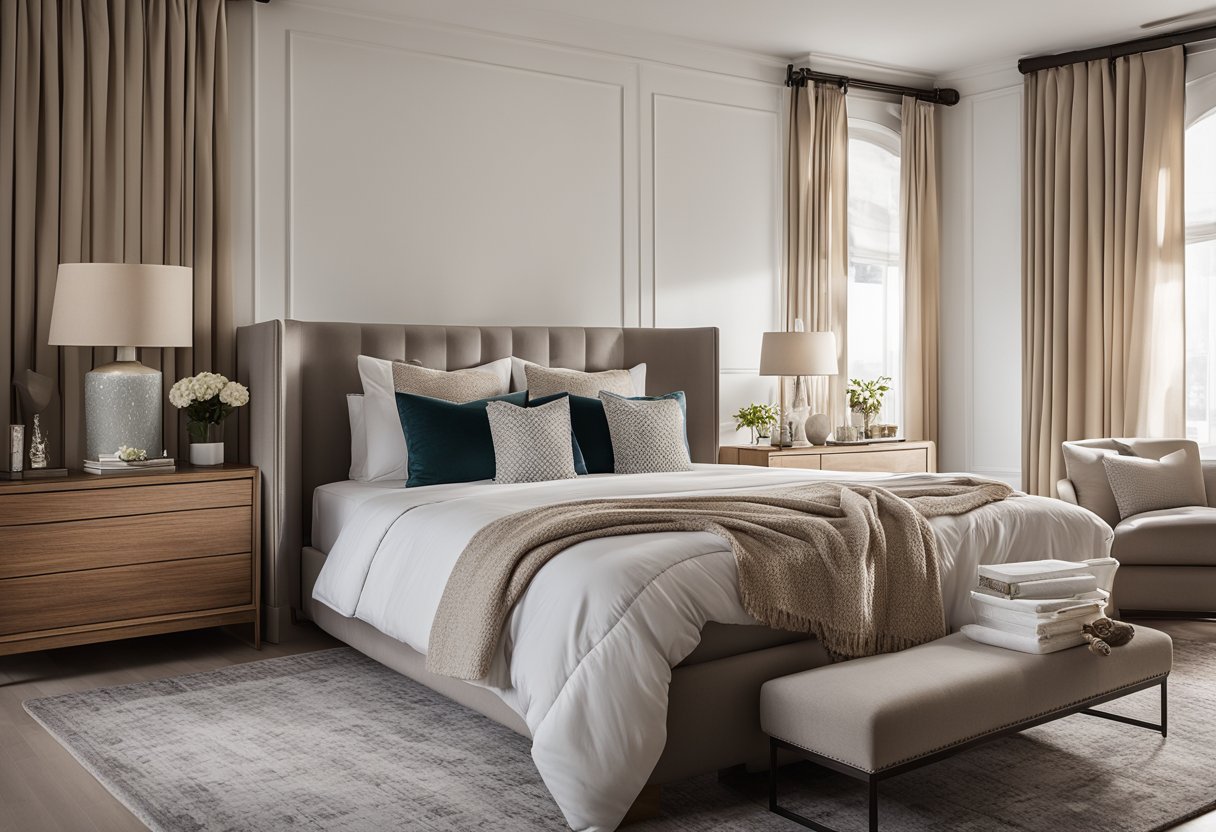 A cozy bedroom with a queen-sized bed, two nightstands, a large window with flowing curtains, a plush area rug, and a stylish dresser with a mirror