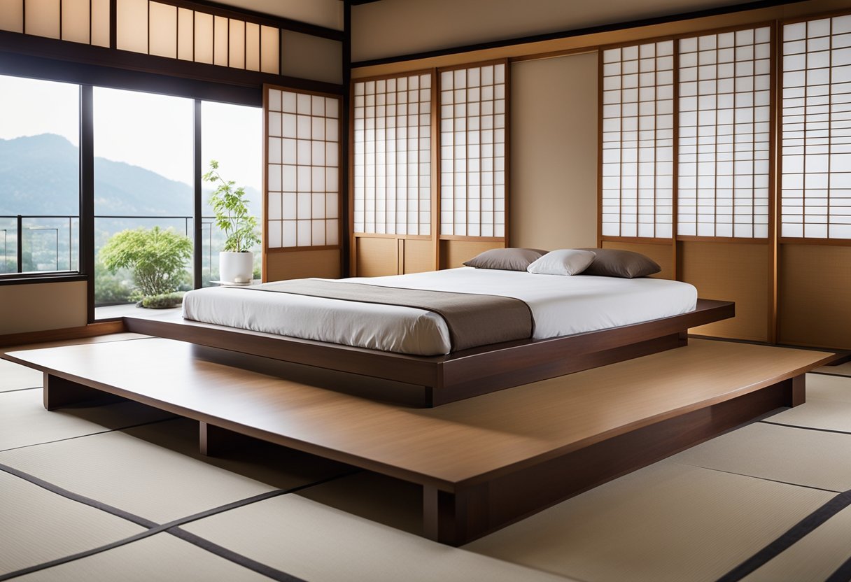 A low-set platform bed with tatami flooring, sliding shoji screens, and minimal decor in a Japanese master bedroom design